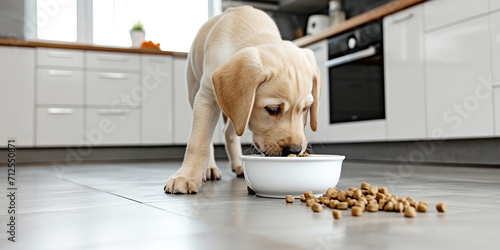 A light beige hungry Labrador puppy stands on the floor in the kitchen near a bowl of food and eats dry food. Concept of caring and feeding pets