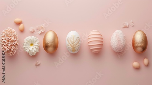  a pink background with gold and white easter eggs and a flower on the left side of the image and a pink background with white and gold eggs on the right side.