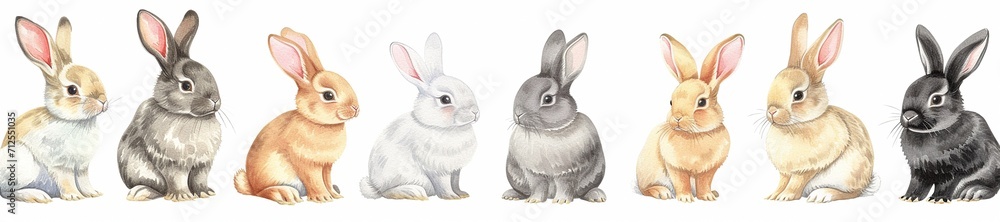 Fototapeta premium Cute fluffy Easter bunnies and Easter eggs on a white plain background. Illustration, drawing, banner with place for text, empty space