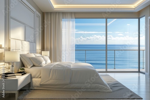 Modern seaside luxury hotel room, apartment with background sea view photo