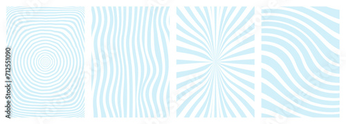 Retro twisted and distorted vector groovy hippie background set. Waves, swirl, stripe, ray and twirl pattern. Vintage set of backgrounds in trendy retro psychedelic style. Vector illustration