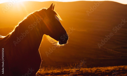 Portrait of a horse in the rays of the setting sun.