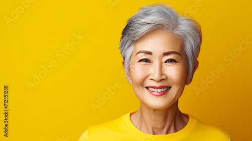 Elegant, smiling, elderly, chic Asian woman with gray hair and perfect skin on a yellow background banner. photo