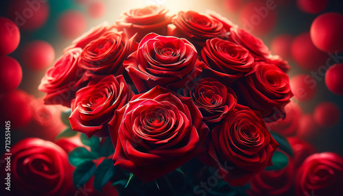 A stunning photograph showcasing a vibrant bouquet of red roses in full bloom  perfect for Valentine s Day social ads. AI Generated.