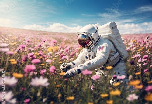 an astronaut picking flowers in spring garden