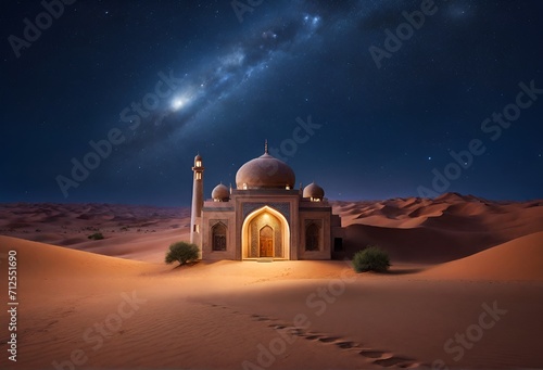 Mosque in a ramadan gorgeous night sky at the desert. Beautiful Masjid with a Ramadan crescent moon in the sky