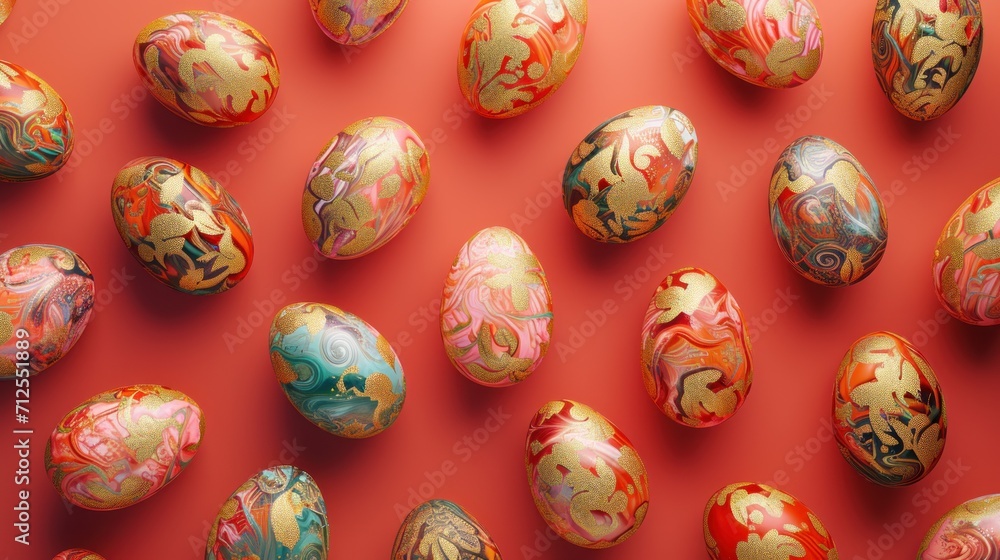  a group of painted eggs sitting on top of a red surface with a pattern on the top of the eggs.