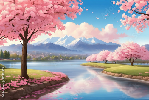 a lake view in front of mountains with charry blossom trees blooming beauty 