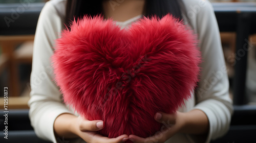 Soft fluffy red toy heart in hands.
