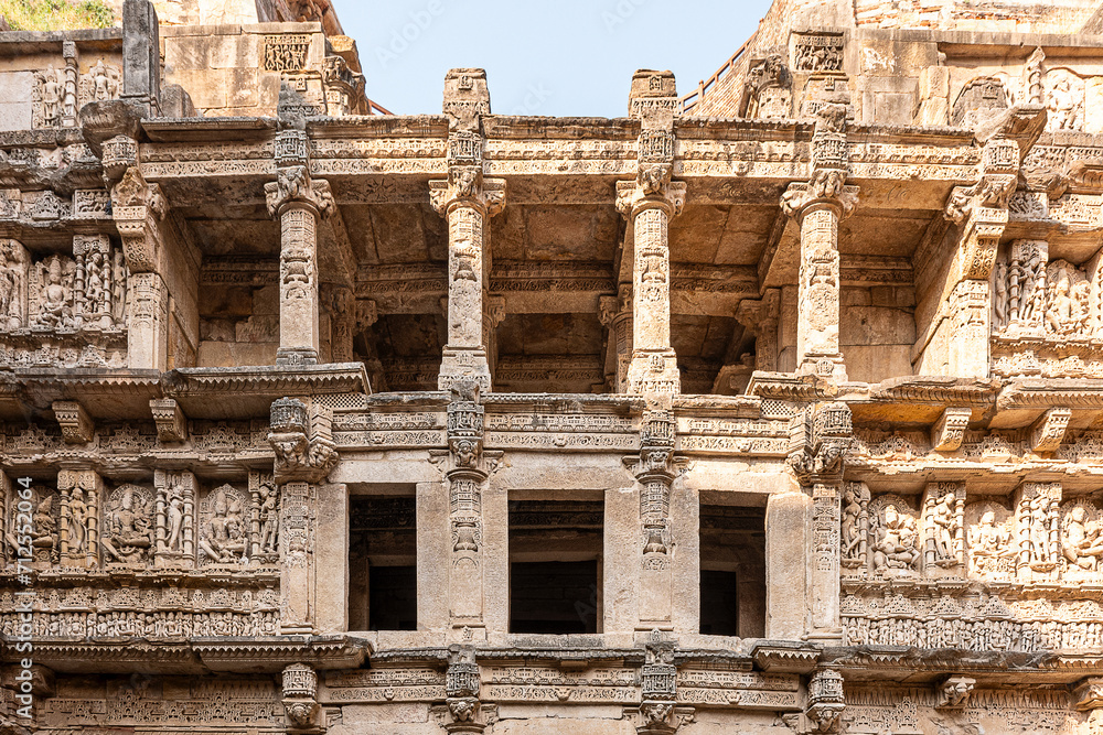 Front view of Rani ki vav with carving of walls and pillars of Rani ki vav, Patan, Gujarat, India. Front view of Rani ki vav with carving of walls and pillars of Rani ki vav, Patan, Gujarat, India.