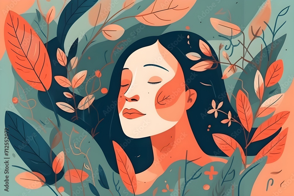 Womans Face Surrounded by Leaves, Beauty in Natures Embrace. Generative AI. Womans Face Surrounded by Leaves, Beauty in Natures Embrace. Generative AI.