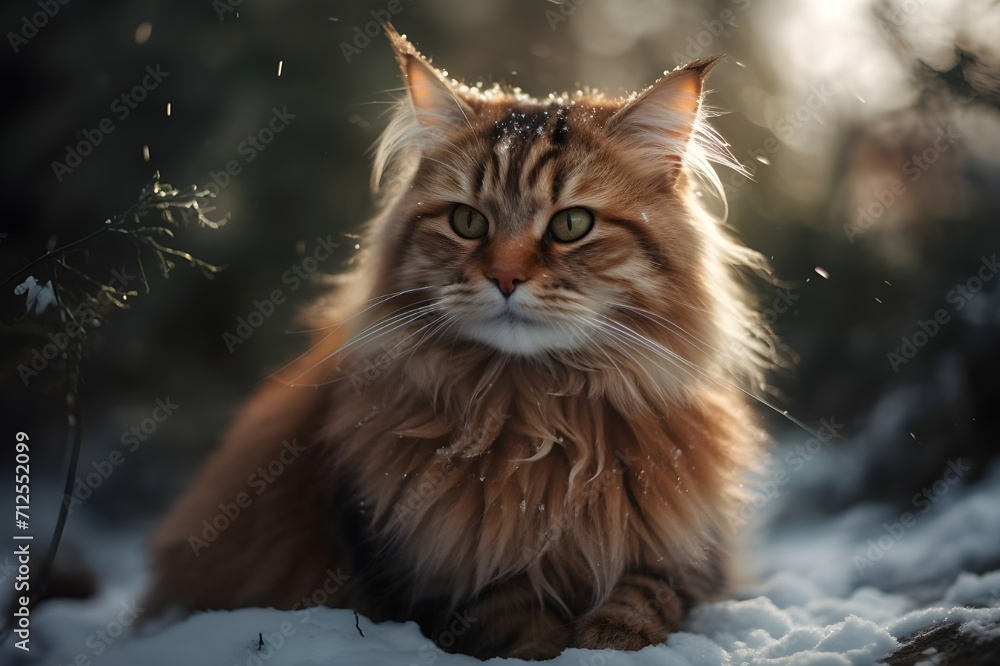 Long Haired Cat Sitting in the Snow. Generative AI.