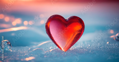 Red heart on ice cubes. Valentines day background. Love concept.