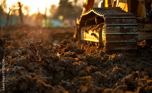Excavator at work during a beautiful sunset on a construction site. photo