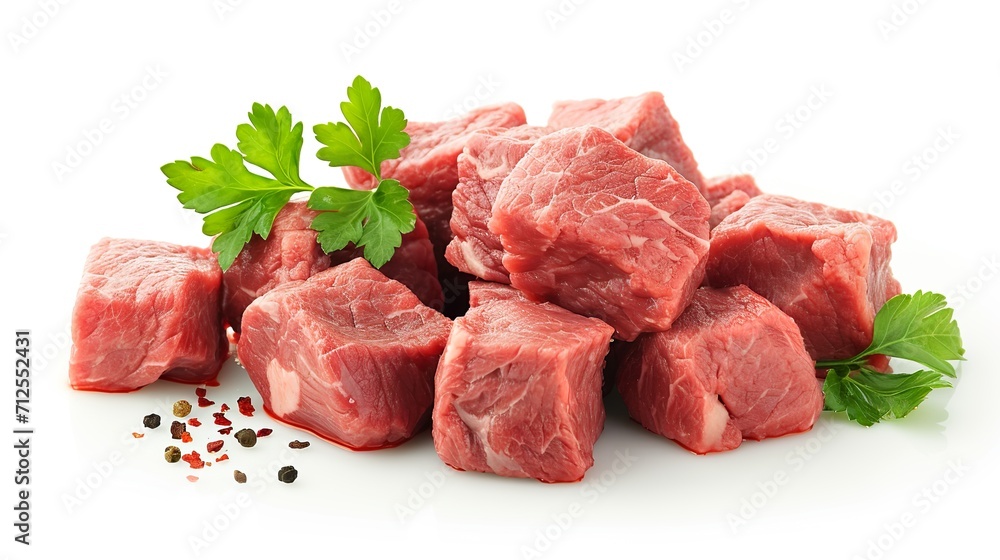 isolated illustration of fresh beef cubes with parsley 