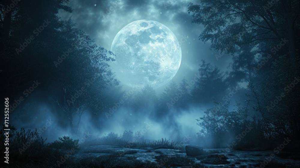 a dark forest with a full moon in the sky and fog in the air, with trees and rocks in the foreground. a dark forest with a full moon in the sky and fog in the air, with trees and rocks in the foreground.