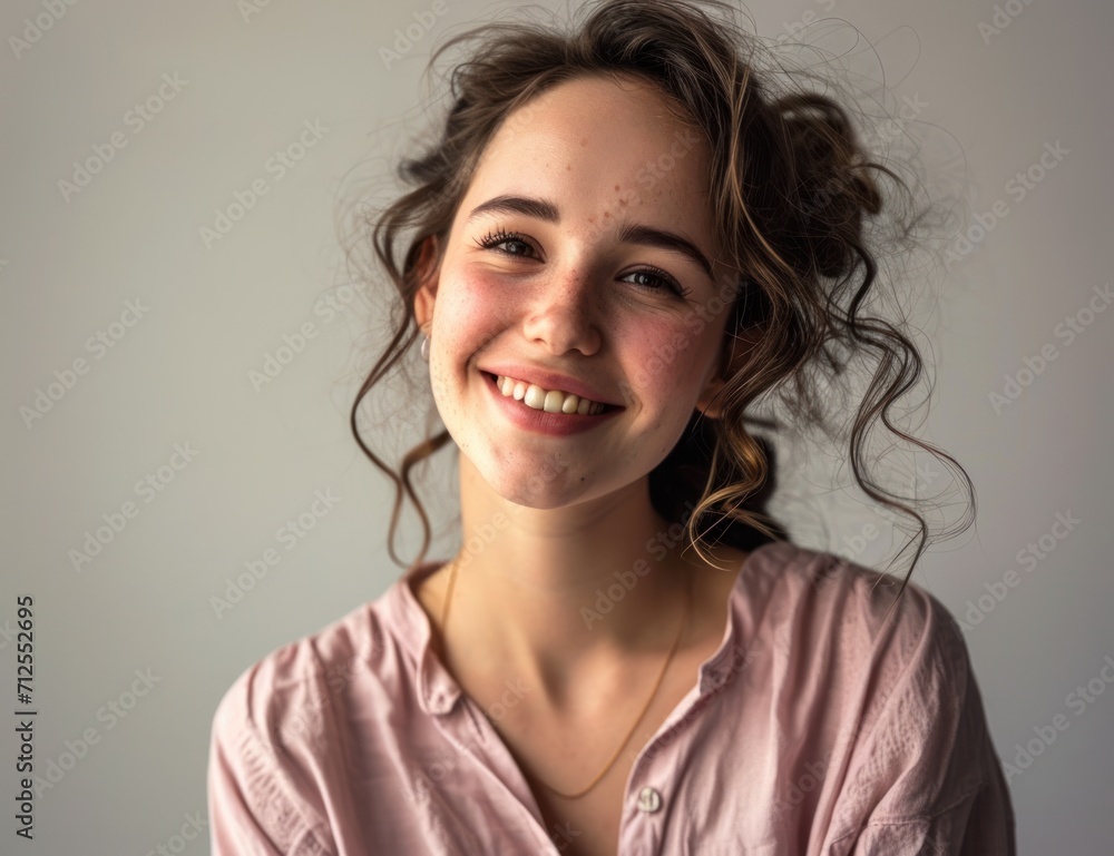 a close up of a person wearing a pink shirt and smiling with her hair in a messy topknot. a close up of a person wearing a pink shirt and smiling with her hair in a messy topknot.