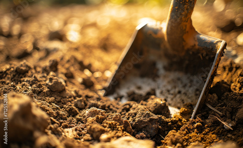 Shovel in the soil at a construction site, ready for manual digging. photo