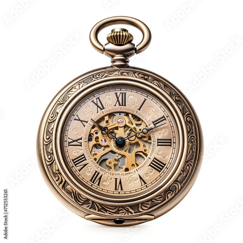 A vintage pocket watch with ornate engravings, isolated on a pristine white background