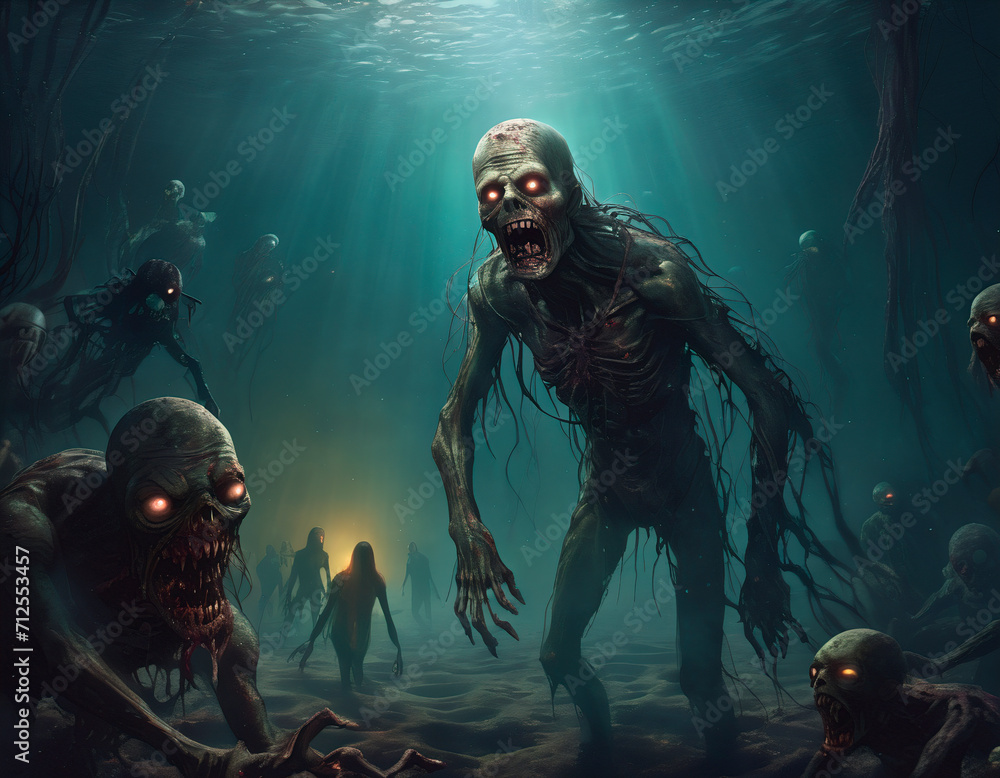 A crowd of zombies underwater in the sea A crowd of zombies underwater in the sea