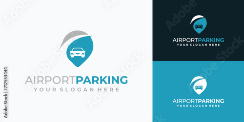 Location pin vector logo design with car sign and cross section as airplane trajectory.