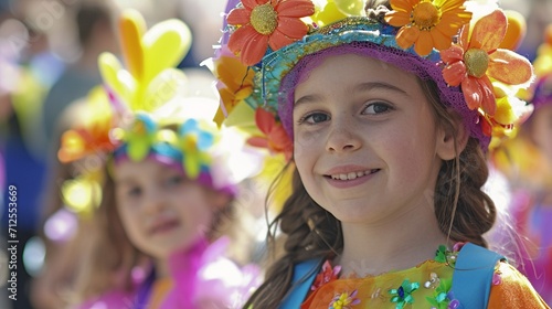 Kids in Easter-themed costumes participating in a lively parade, showcasing their creative outfits and festive accessories