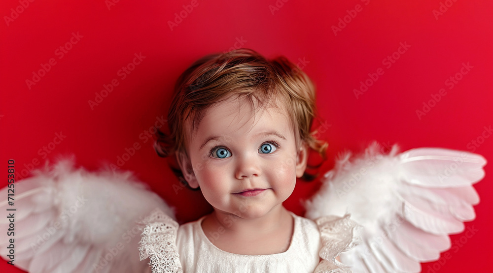 Adorable smiling little girl with blue eyes, baby cupid in a white elegant dress with white wings on a red monochrome background. Banner with empty space for text Adorable smiling little girl with blue eyes, baby cupid in a white elegant dress with white wings on a red monochrome background. Banner with empty space for text
