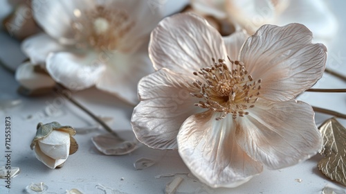  a close up of a flower on a table with other flowers on the side of the table and petals on the side of the table.