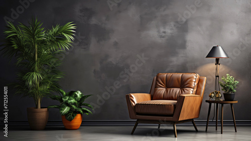 Style loft interior with brown leather armchair on dark cement wall.