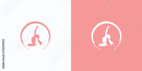 Vector logo design illustration of woman in yoga pose with her pet dog.