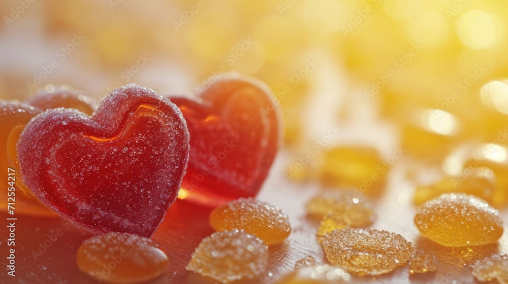 a couple of heart shaped candies sitting on top of a table next to a pile of gummy bears. a couple of heart shaped candies sitting on top of a table next to a pile of gummy bears.