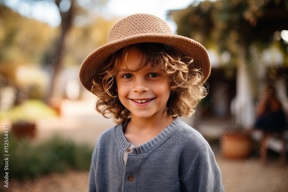 Portrait of a cute little boy with curly hair wearing hat outdoors