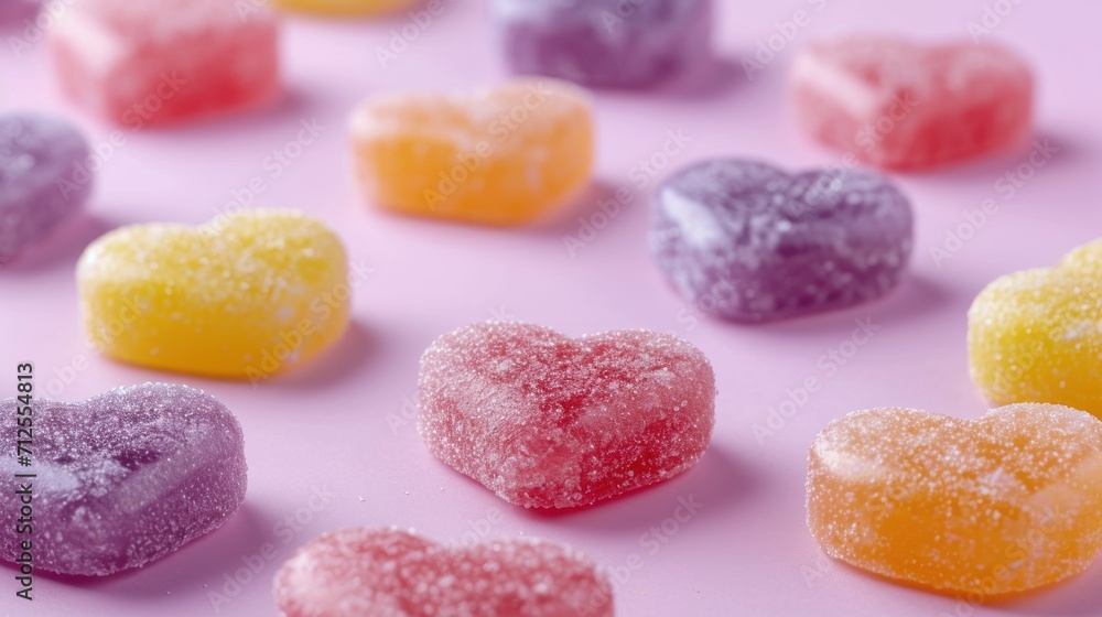 a group of heart shaped candies sitting on top of a pink surface with lots of sugar on top of them. a group of heart shaped candies sitting on top of a pink surface with lots of sugar on top of them.