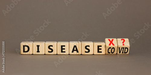 Disease X after covid symbol. Turned cubes and changed the word Disease COVID to Disease X. Beautiful grey table grey background. Medical, Disease X after covid concept. Copy space.