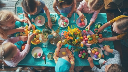 Group of kids gathered around a festive Easter table, excitedly decorating eggs with vibrant colors and patterns, the HD camera capturing their creative expressions and joyful camaraderie photo