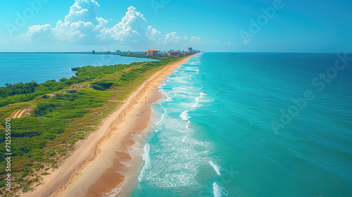Pristine coastline with vibrant turquoise ocean waves meeting a sandy beach.