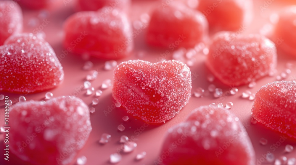 a close up of a bunch of heart shaped candies on a pink surface with drops of water on them. a close up of a bunch of heart shaped candies on a pink surface with drops of water on them.