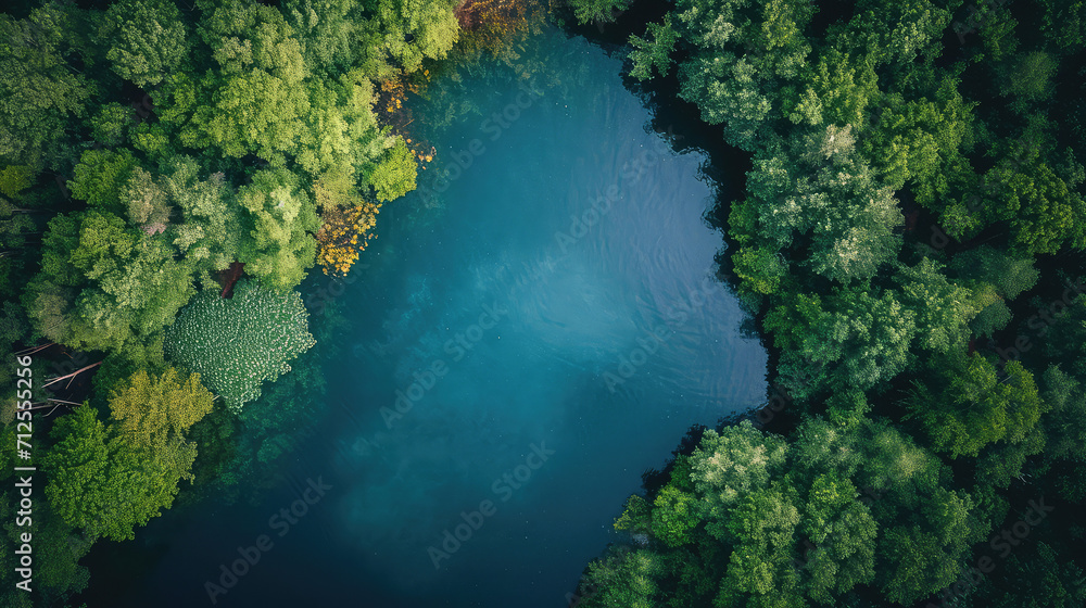 A top-down view of a pristine lake surrounded by lush green forest, radiating tranquility. A top-down view of a pristine lake surrounded by lush green forest, radiating tranquility.