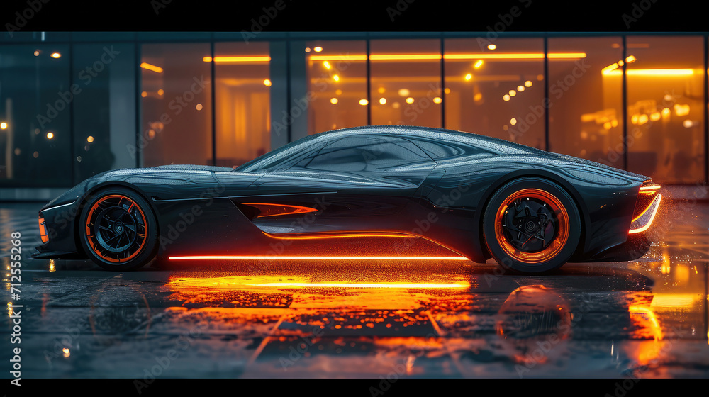 A sleek futuristic concept car illuminated by neon city lights on a reflective wet surface.