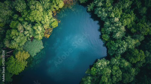 A top-down view of a pristine lake surrounded by lush green forest, radiating tranquility.