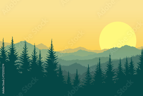 Beautiful vector landscape of forest and mountains silhouettes at sunrise or sunset. Natural landscape of mountains and wild forest in haze or fog for poster, design or print.