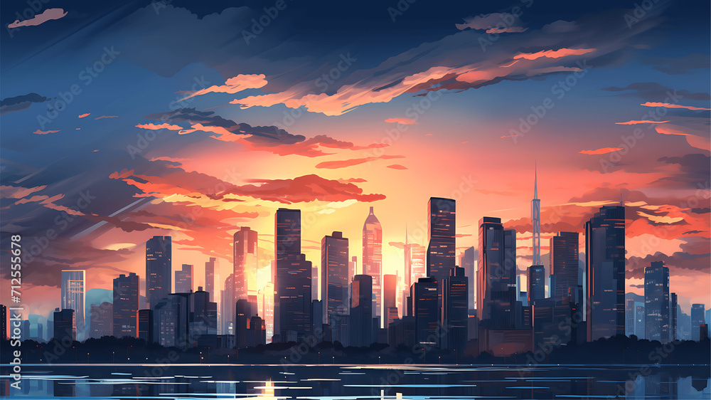 Cityscape with skyscrapers and river at sunset, vector illustration