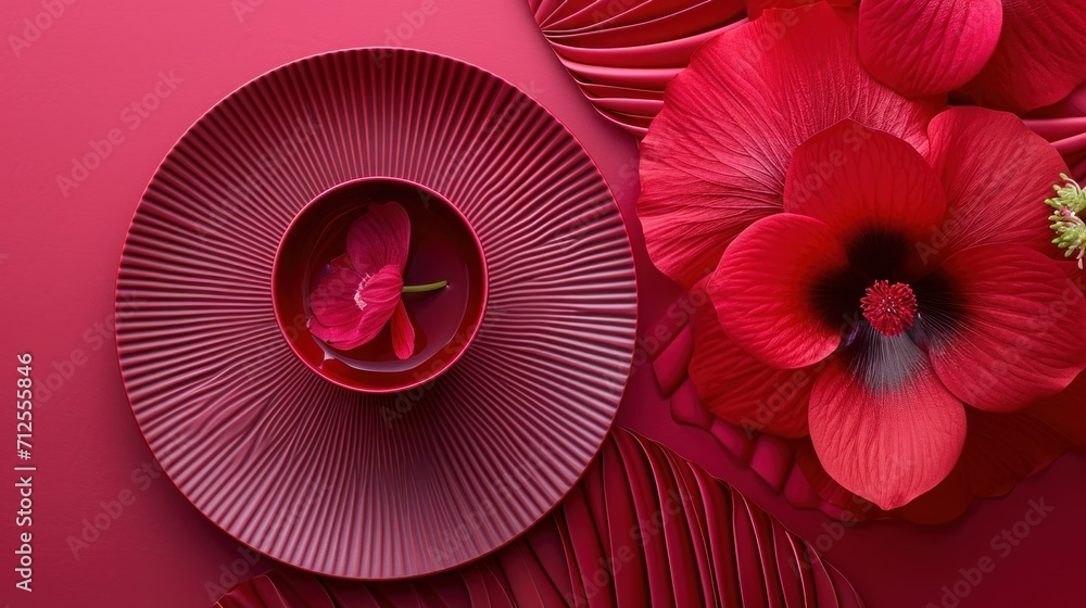  a red plate with a red flower on top of it next to a red plate with a red flower on top of it.