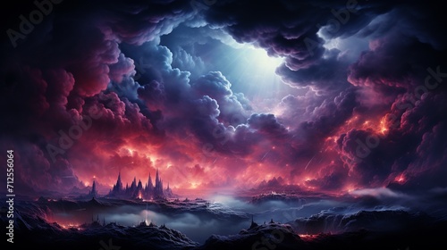 A stormy cloud glows from inside with bright pink and blue light  creating a neon background.