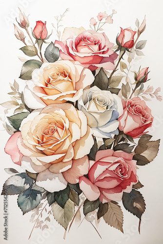 ROSE WATERCOLOUR BOUQUETAR WHITE BACKGROUND