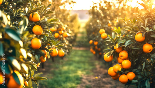 Fruit farm with orange trees, Branch with natural oranges on blurred background of orange orchard in golden hour