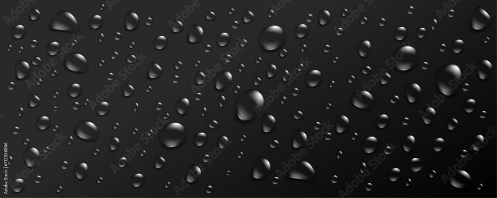 Water drops on black metallic background, realistic 3d droplet vector - obrazy, fototapety, plakaty 