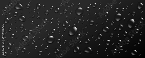 Water drops on black metallic background, realistic 3d droplet vector