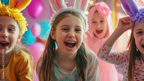 Children wearing adorable Easter bunny ears, gleefully participating in an egg hunt in a sunlit garden
