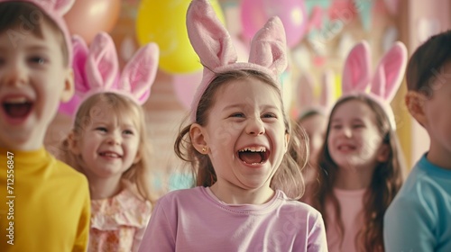 Children wearing adorable Easter bunny ears  gleefully participating in an egg hunt in a sunlit garden